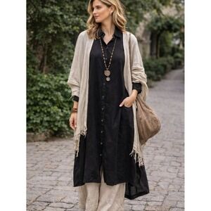 Muji Black 100%‎ Linen Short Sleeve Button Down Midi Shirt Dress Pockets M-L